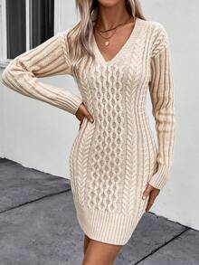 SHEIN LUNE 純色毛衣連衣裙(不包括腰帶) - 杏色 - 查看 6