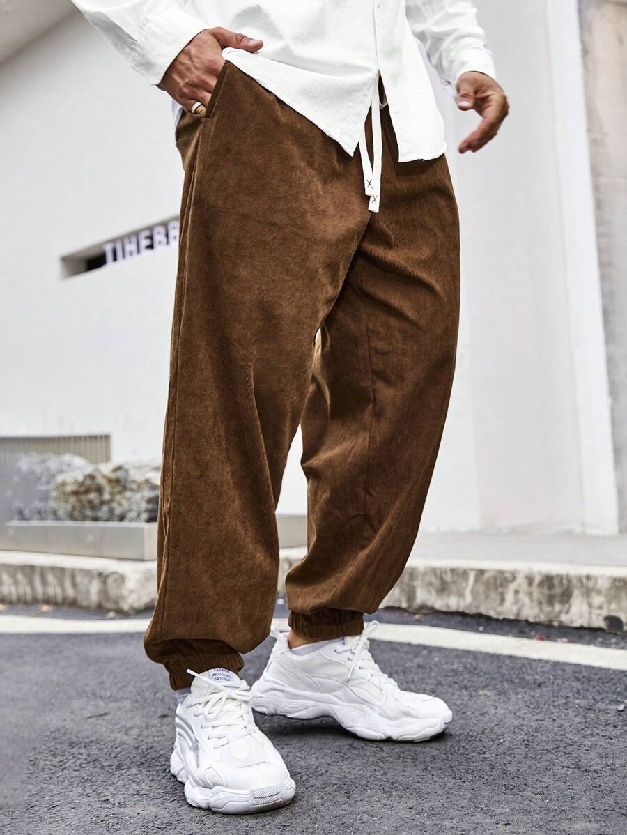 Manfinity Homme Pantalones Jogger De Pana Para Hombre De Ajuste Holgado - Marrón - Ver 1