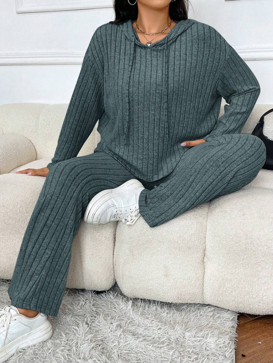 SHEIN EZwear 2 件/套大尺碼羅紋連帽上衣和褲子 - 霧霾藍 - 查看 1