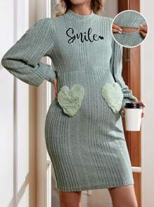 SHEIN Maternity Letter & Heart Embroidered Ribbed Nursing Dress, For Winter - Green - View 5
