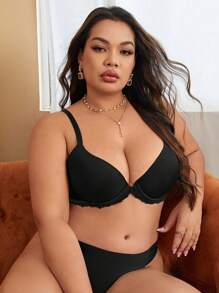 Plus Size Black Plain Casual Front Closure Medium Stretch Bra For Women - Black - View 6