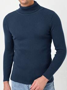 RueChic Men Solid Turtleneck Ribbed Knit Sweater - Blue - View 1