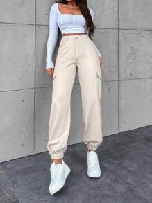 EURMUSE Women's Solid Color Cargo Jeans With Elastic Cuffs - Beige - View 3