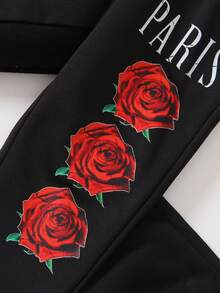 SHEIN 男童玫瑰字母印花卫衣和慢跑裤两件套 - 黑色 - 查看 5