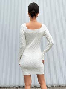 GENKIRA Square Neck Slim Fit Knitted Sweater Dress (Belt Is Not Included) Fall Cloth For Women - White - View 2