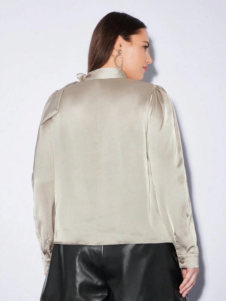 Plus Size Women'S Tie Neck Puff Sleeve Blouse