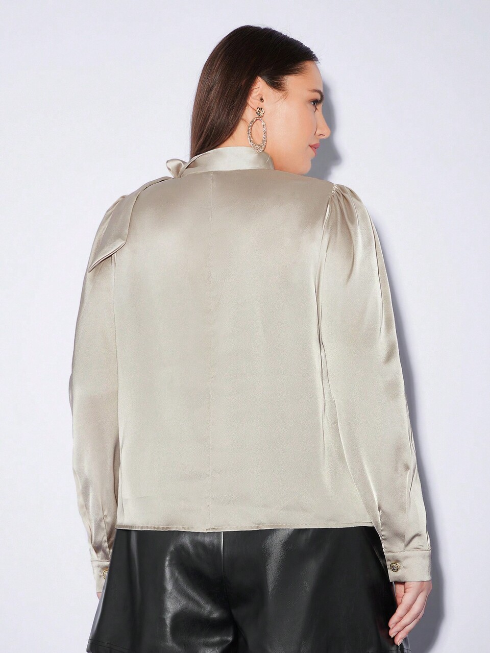 Plus Size Women'S Tie Neck Puff Sleeve Blouse