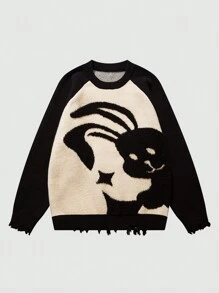 Men's Black & White Rabbit Pattern Pullover Sweater, Unisex Crew Neck, Autumn/Winter - Black - View 1