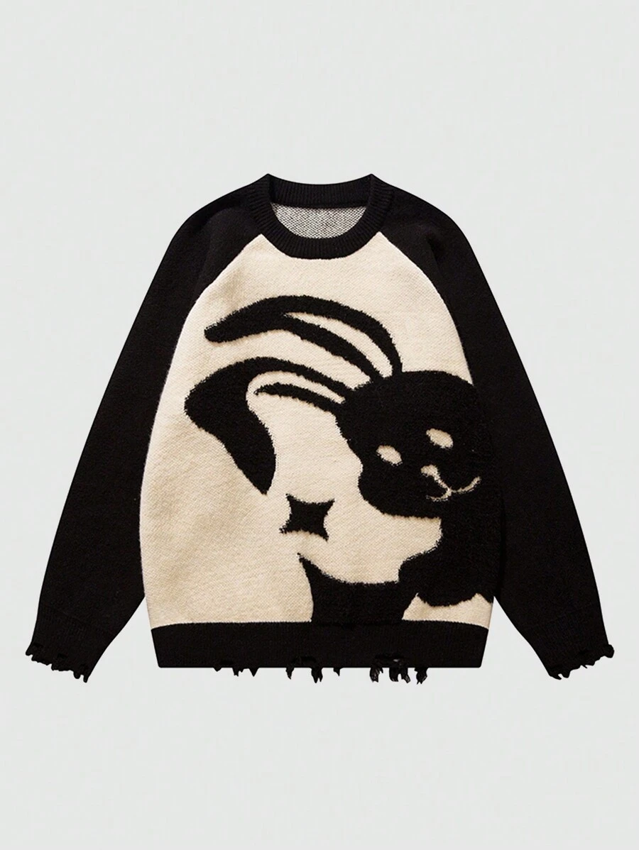 Men's Black & White Rabbit Pattern Pullover Sweater, Unisex Crew Neck, Autumn/Winter - Black - View 1