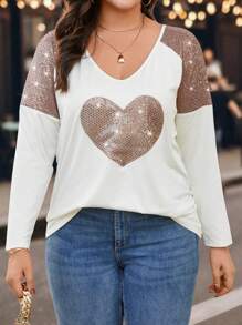 Calvaya Kích thước lớn Của phụ nữ Lấp lánh Tim Kim sa Chèn Áo thun Với Raglan - Màu be - Xem 1