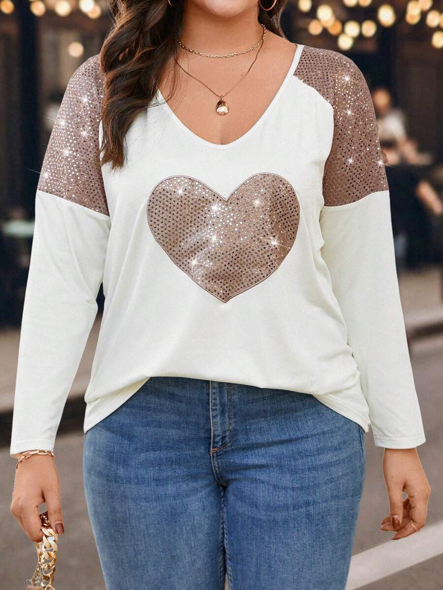 Calvaya Kích thước lớn Của phụ nữ Lấp lánh Tim Kim sa Chèn Áo thun Với Raglan - Màu be - Xem 1