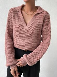 Chiquease 纯色落肩针织套头衫秋冬毛衣 - 藕粉色 - 查看 3