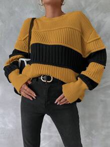 EURMUSE Colorblock Drop Shoulder Sweater - Yellow - View 3