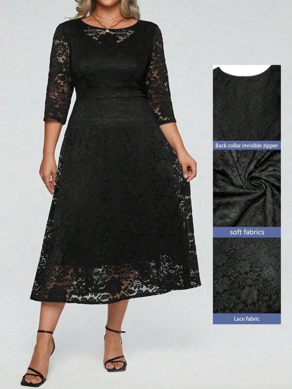 SHEIN Clasi Plus Solid Lace A-Line Dress Maxi Women Outfit