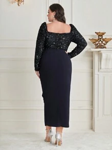 Modelyn 大碼亮片緊身上衣垂墜下擺開叉洋裝 - 藏蓝色 - 查看 2