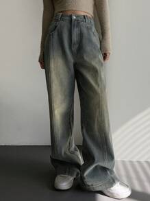 DAZY 女式闊腿牛仔褲 - 深色水洗藍 - 查看 4