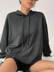 SHEIN EZwear Women's Hooded Sweatshirt With Slogan Print And Drawstring - Dark Grey - View 2