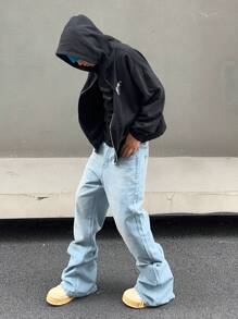 Manfinity Hypemode Men's Solid Color Wide Leg Denim Jeans With Slanted Pockets Baggy Long Washed Flare Jean Cargo Plain Light Blue Party Street Wear Rapper