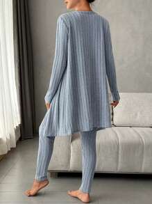 Ladies' Solid Color Rib Knit Tank Top, Long Pants And Cardigan Three-piece Set For Home