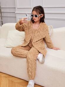 SHEIN 青少女個性化酷炫運動針織兩面絨面固色外套,並配有背心和捲邊褲套裝 - 駝色 - 查看 5