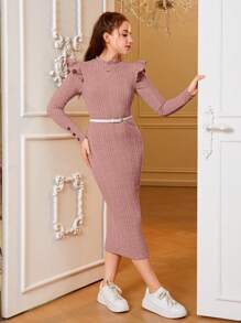青少女針織毛茸茸質地連衣裙，配以肋狀袖口和鈕扣裝飾 - 粉色 - 查看 5