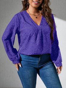 Calvaya Plus Polka Dot Print Lantern Sleeve Blouse - Purple - View 4