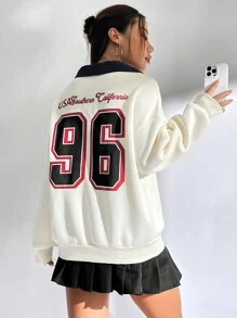 SHEIN Essnce Lá thư In Thả vai Vòng cổ Áo nỉ - Màu be - Xem 3