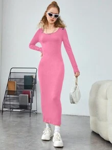 SHEIN Teenage Girls' Big Round Neck Dress - Pink - View 1