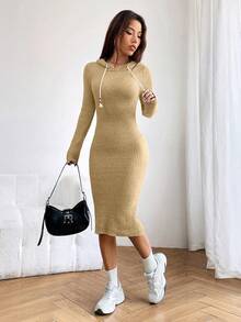 女士长袖抽绳连帽纯色针织毛衣连衣裙 - 卡其色 - 查看 4