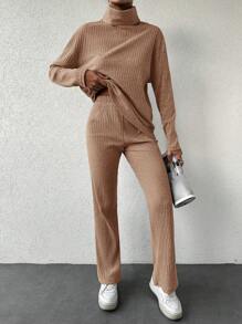 SHEIN Cottnline 2pcs Solid Color High Neck T-Shirt And Pants Set - Coffee Brown - View 6