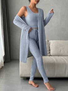 Ladies' Solid Color Rib Knit Tank Top, Long Pants And Cardigan Three-piece Set For Home