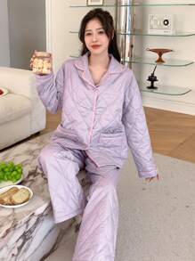 DAZY Thickened Embroidered Home Wear Suit With Letters - Purple - View 4
