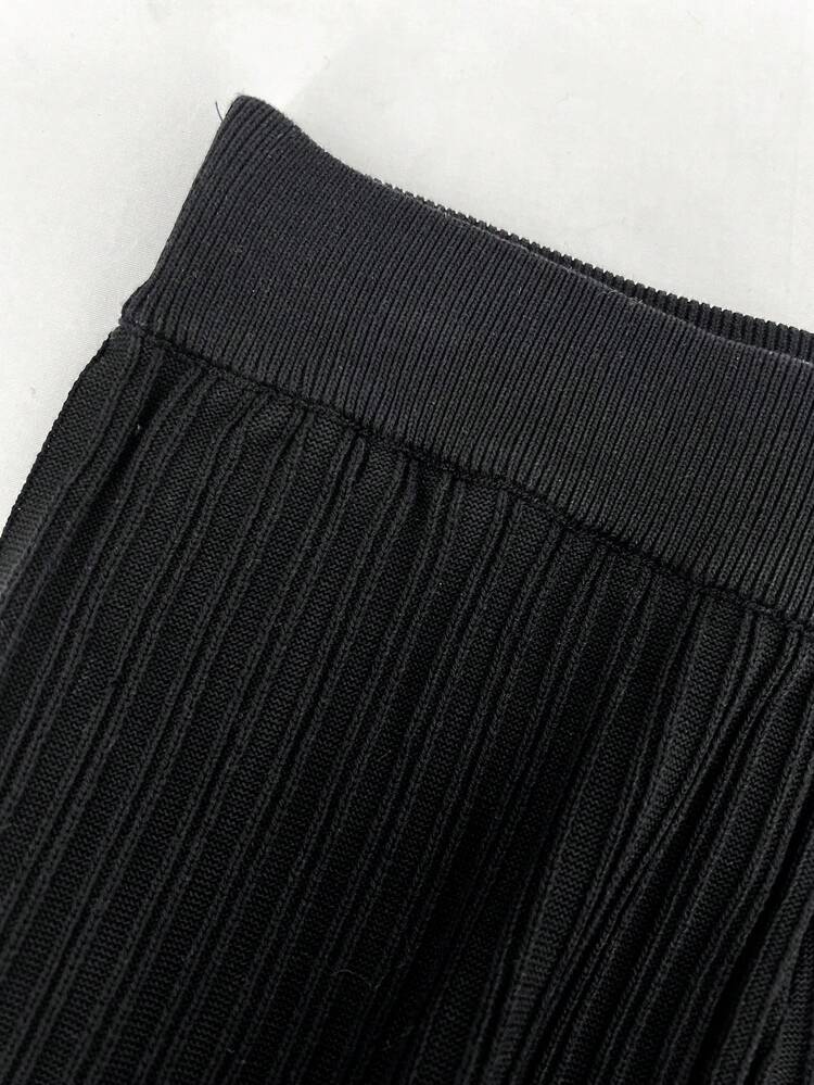 Black V-Neck Asymmetrical Hem Sweater And Knitted Pants Set