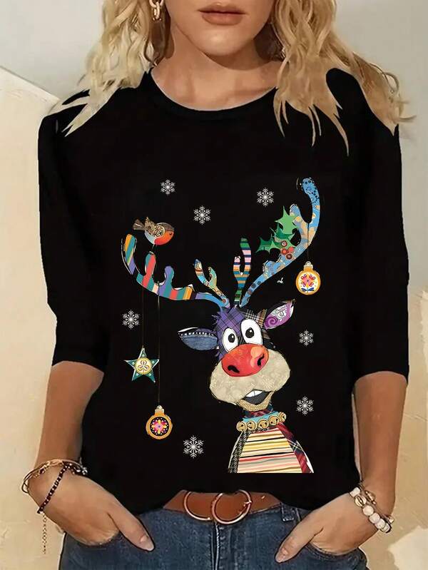 Plus Size Women Christmas Reindeer Print Long Sleeve T-Shirt