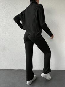 EURMUSE 2pcs/Set Solid Color Turtleneck T-Shirt And Pants - Black - View 2