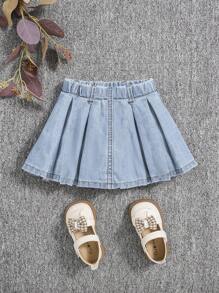 SHEIN Baby Girls' Elastic Waist Denim Skirt With Pleats