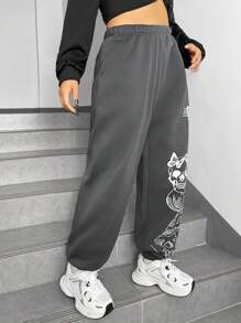 SHEIN EZwear Pantalones de chándal de talla grande con estampado de calaveras y mariposas - Gris Oscuro - Ver 6