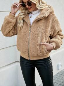 SHEIN LUNE Women's Solid Color Hooded Plush Padded Padded Coat Clothes Winter With Zipper Fall Cloth For Women