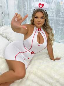 女性大尺碼表演服裝連衣裙,3件套包含頭飾和腰帶 - 白色 - 查看 3