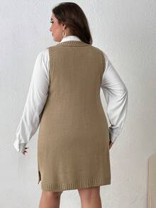 女士加大码休闲纯色V领毛衣背心 - 卡其色 - 查看 2