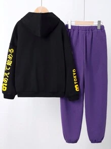 SHEIN Boys' Casual Letter Print Hoodie And Solid Color Pants Knitted Suit, Winter - Black - View 2