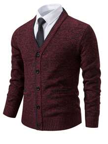 Men's Knitted Cardigan, Thermal Lined, Thick Casual Warm Full Zip Sweater Jacket With Pockets - Burgundy - View 4