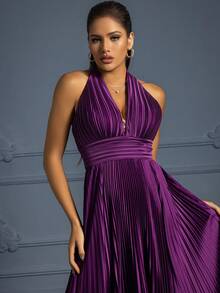 Purple Pleated Dress For Party & Evening - Purple - View 6