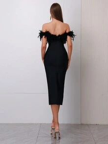 Modphy Fake Feather Strapless Shoulder Bandage, Medium Length Party Dress - Black - View 2