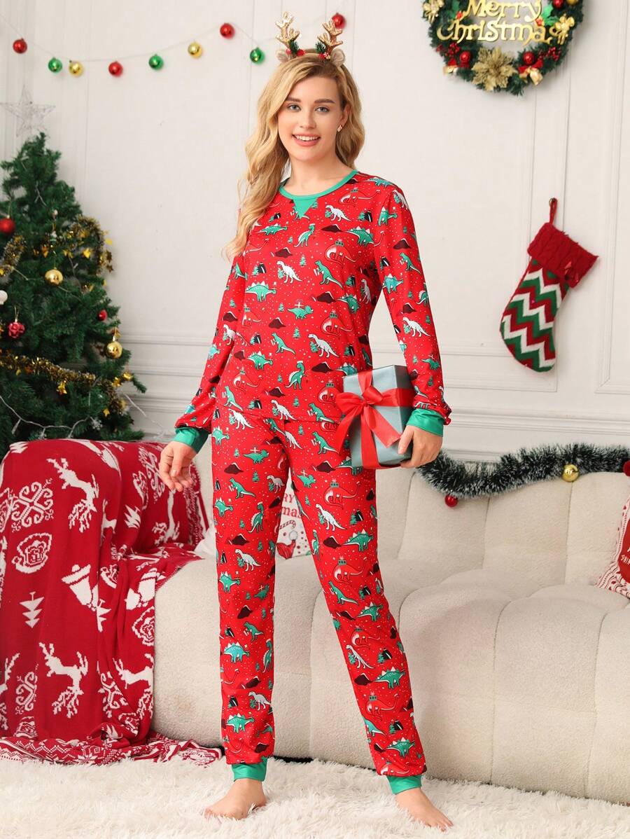 女士恐龍印花睡衣套裝 - 紅色 - 查看 1
