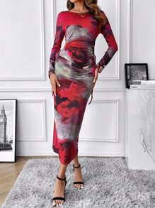 SHEIN Clasi Round Neck Floral Print Drawstring Waist Hollow Out Dress