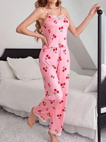 Women's Cherry Print Lace Splicing Pajama Set - Multicolor - View 7