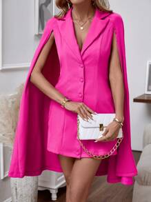 SHEIN Privé Solid Color Cape Sleeve Notched Collar Blazer Coat - Hot Pink - View 1
