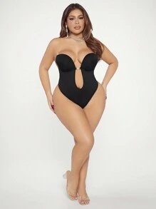 SHEIN SXY Plus Size Women's Elegant Deep V-neckThin T-shaped Corset Bodysuit - Black - View 6