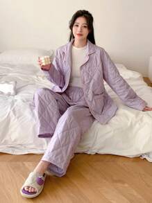 DAZY Thickened Embroidered Home Wear Suit With Letters - Purple - View 11